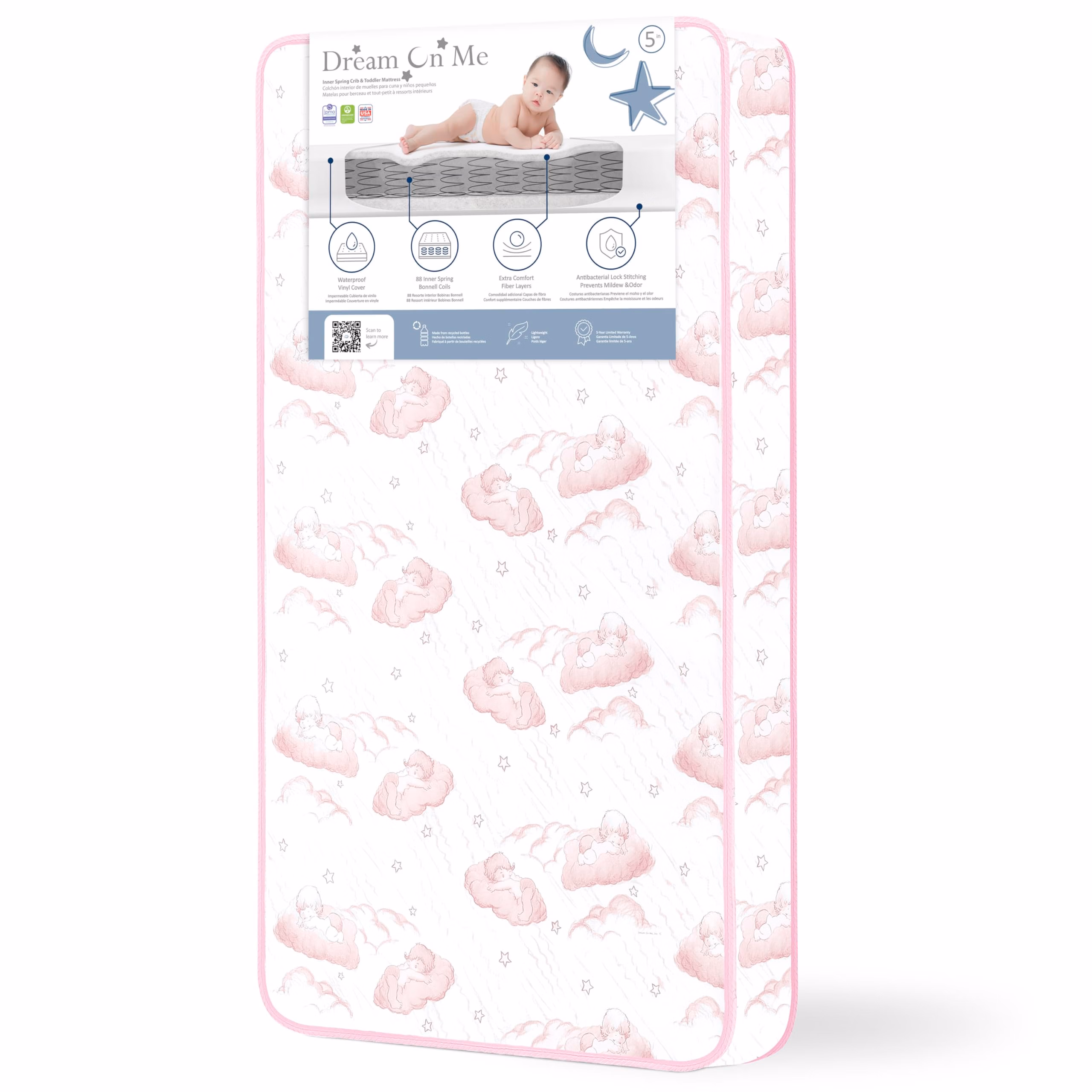 Dream On Me Twilight 80 Coil Spring Crib and Toddler Bed Mattress, Wave Pink, 5" thumbnail 1