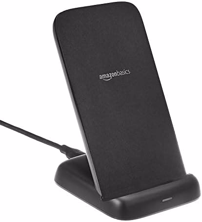 Amazon Basics 10W Qi Certified Wireless Charging Stand for Phone 16/15/14/13/12/11/X, Samsung, and More, with USB Cable, Black (No AC Adapter)