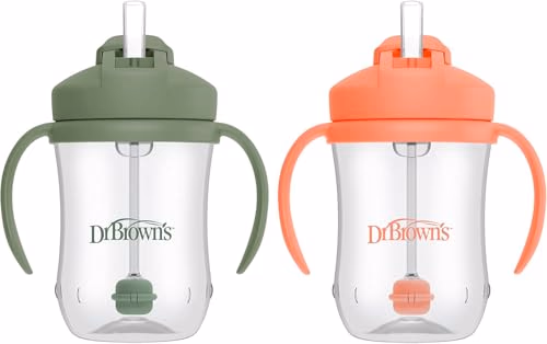 Dr. Brown's Milestones Baby's First Straw Cup, Training Cup with Weighted Straw, 9 oz/270 mL, BPA-free, 6m+, Coral/Olive Green, 2-Pack