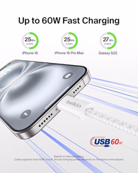 Belkin USB C to USB C Cable, 3.3ft, 60W - Type C Charger, iPhone Charger Cord, Soft, Braided, Flexible for iPhone 17, Galaxy S25, Pixel 9, Airpods, iPad Pro, Tablet & More, Travel Essentials - White thumbnail 2