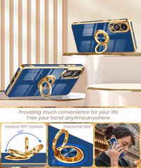 Dretal for Samsung Galaxy S25 Edge Case, Screen Protector, 360° Rotatable Ring Holder Magnetic Kickstand,Plated Gold Edge Slim Soft TPU Protective Phone Case Cover for Galaxy S25 Edge (Blue) thumbnail 4