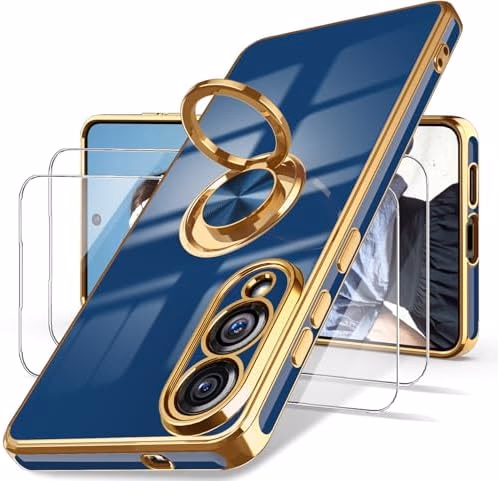 Dretal for Samsung Galaxy S25 Edge Case, Screen Protector, 360° Rotatable Ring Holder Magnetic Kickstand,Plated Gold Edge Slim Soft TPU Protective Phone Case Cover for Galaxy S25 Edge (Blue)