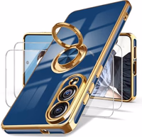 Dretal for Samsung Galaxy S25 Edge Case, Screen Protector, 360° Rotatable Ring Holder Magnetic Kickstand,Plated Gold Edge Slim Soft TPU Protective Phone Case Cover for Galaxy S25 Edge (Blue) thumbnail 1