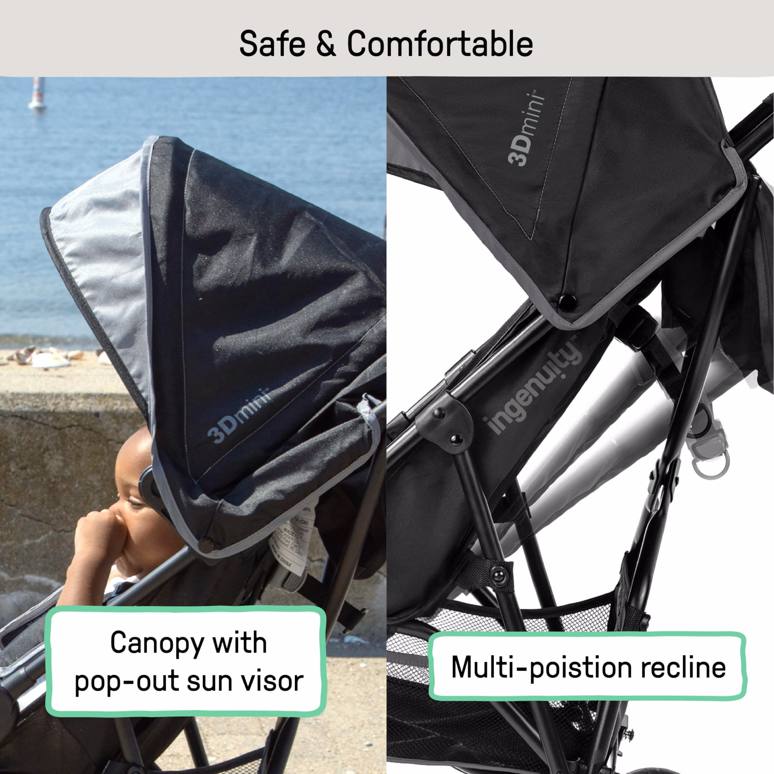 Ingenuity 3D Mini Convenience Stroller – Lightweight Stroller with Compact Fold, Multi-Position Recline, Canopy with Pop Out Sun Visor and More – Umbrella Stroller for Travel and More, Gray thumbnail 4