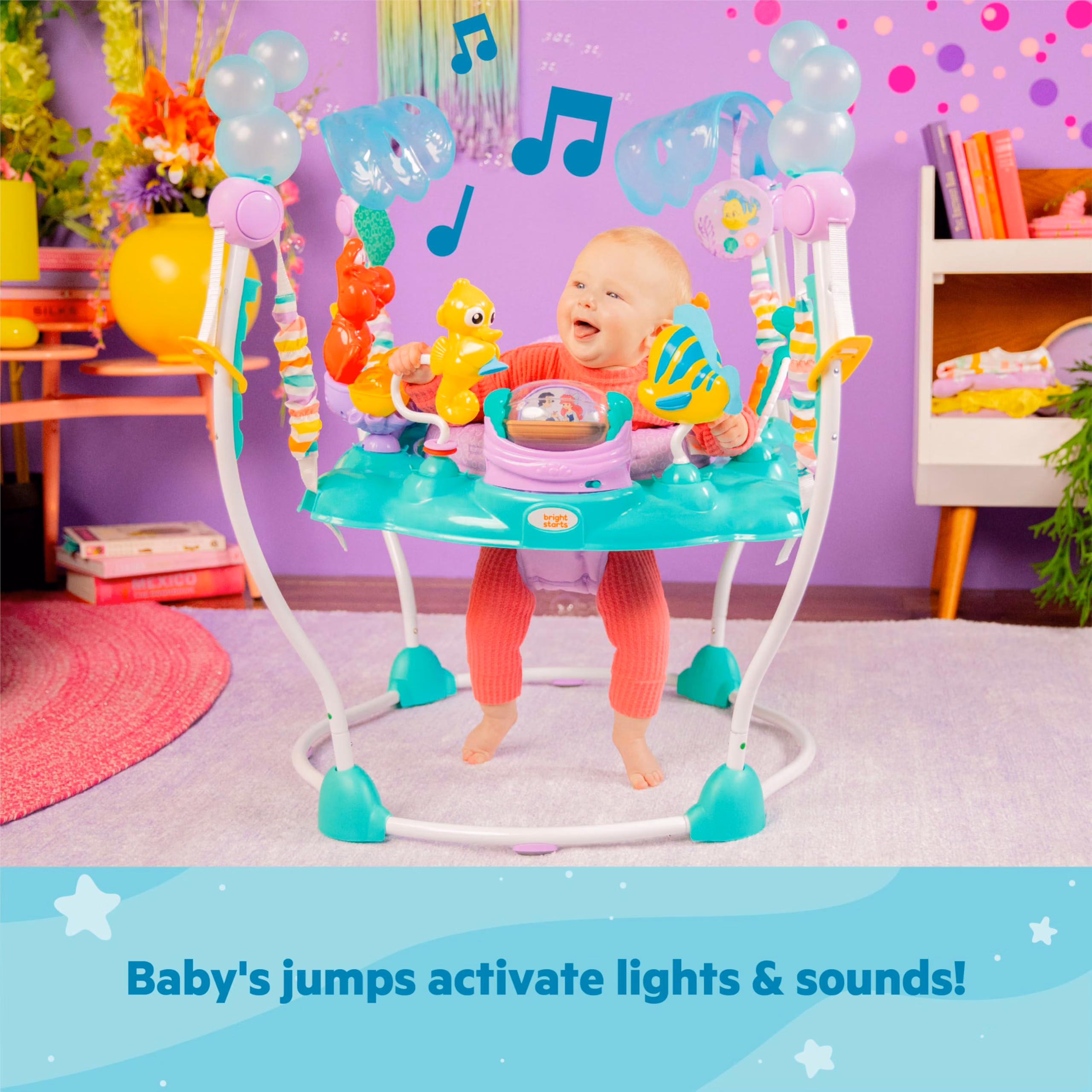 Bright Starts Disney The Little Mermaid Sea of Activities Baby Activity Jumper with Interactive Toys, Lights & Music with Disney Princess Ariel, 6-12 Months (Blue) thumbnail 4