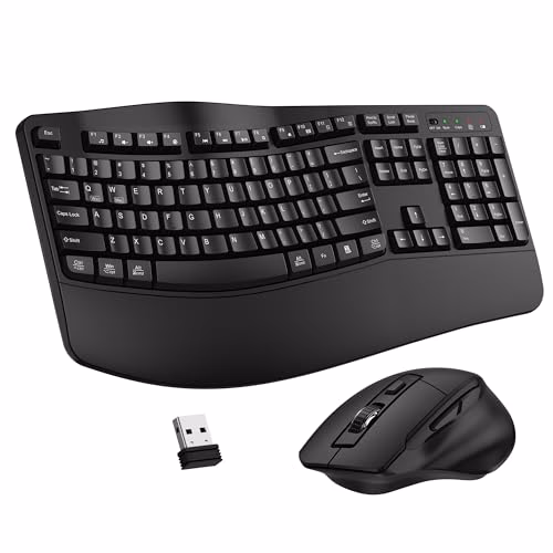 Wireless Keyboard and Mouse Combo, 2.4G Full Size Wave Keys Ergonomic Keyboard with Wrist Rest and 3-Level DPI Adjustable Wireless Ergonomic Mouse for Windows, Mac OS Desktop/Laptop/PC(Black)
