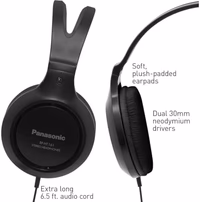 Panasonic Headphones, Lightweight Over the Ear Wired Headphones with Clear Sound and XBS for Extra Bass, Long Cord, 3.5mm Jack for Phones and Laptops – RP-HT161-K (Black) thumbnail 3