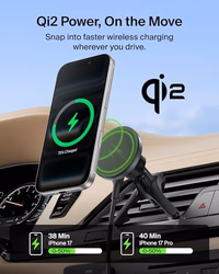 Belkin Wireless Car Charger, Magnetic Car Vent Mount w/ 3.3ft USB C Cable, Qi2 MagSafe Compatible Fast Charging iPhone Charger for iPhone 17, Galaxy S26, Pixel 10, & More - Travel Accessories - Black thumbnail 2