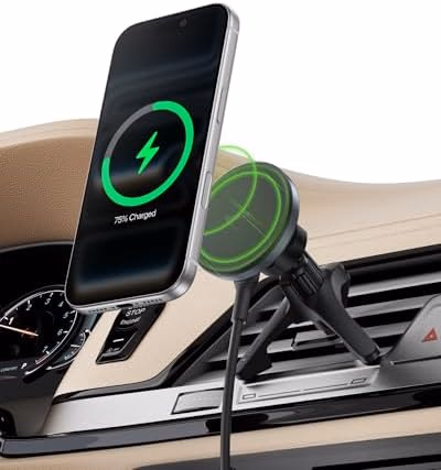 Belkin Wireless Car Charger, Magnetic Car Vent Mount w/ 3.3ft USB C Cable, Qi2 MagSafe Compatible Fast Charging iPhone Charger for iPhone 17, Galaxy S26, Pixel 10, & More - Travel Accessories - Black