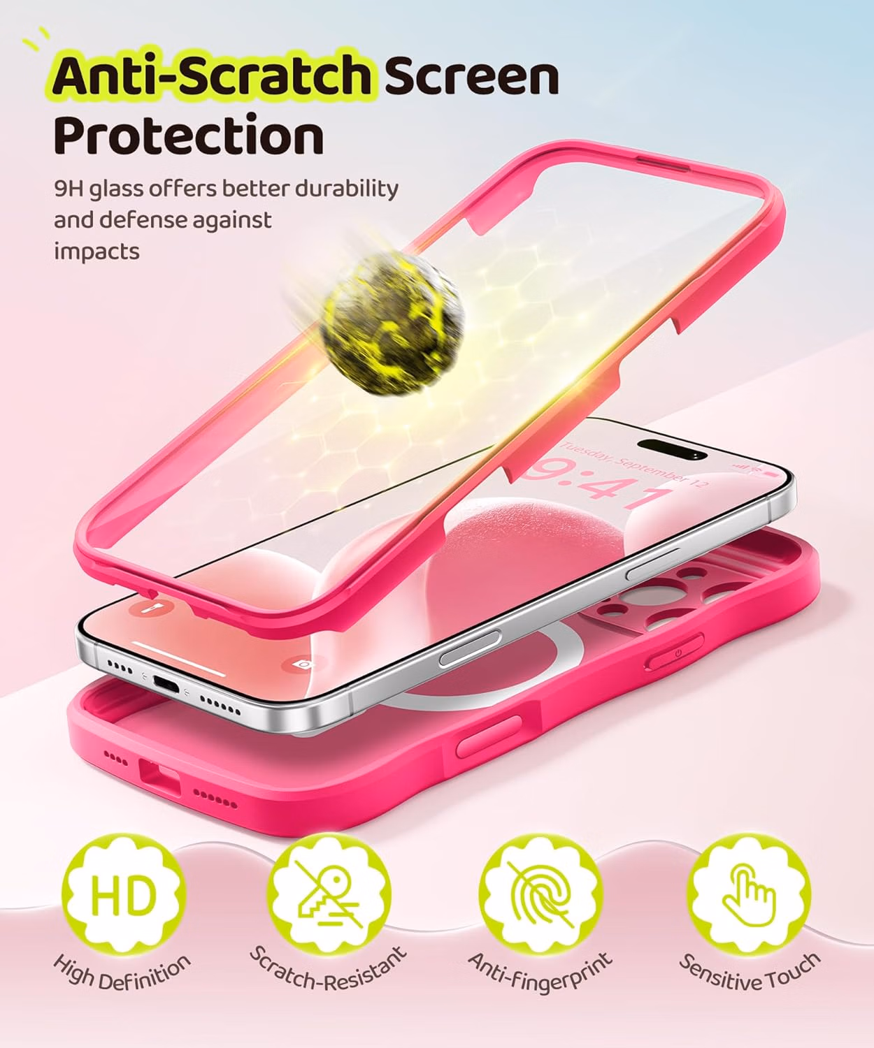 BERFY for iPhone 16 Pro Max Case for Women Girls, [Compatible with MagSafe][Built-in Glass Screen Protector and Camera Protection] Cute Wave Clear Full Body Phone Case for iPhone 16 Pro Max 6.9",Black thumbnail 2