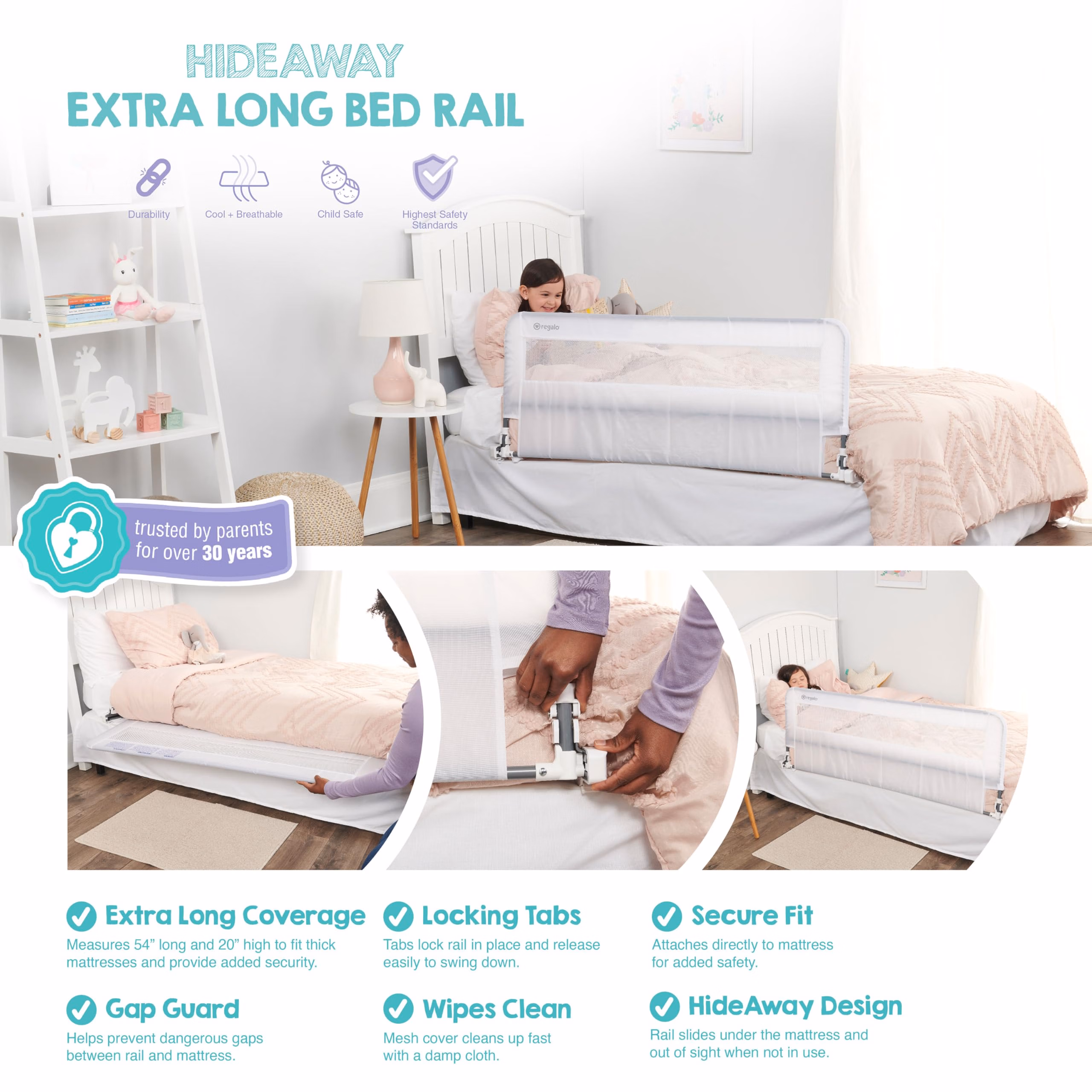 Regalo Safety 54” Extra Long Hideaway Bed Rail Guard for Toddlers, Toddler Bed Rail with Reinforced Anchor Safety System, 20” Tall Bed Safety Rail, Fits Twin, Full & Queen Beds thumbnail 4