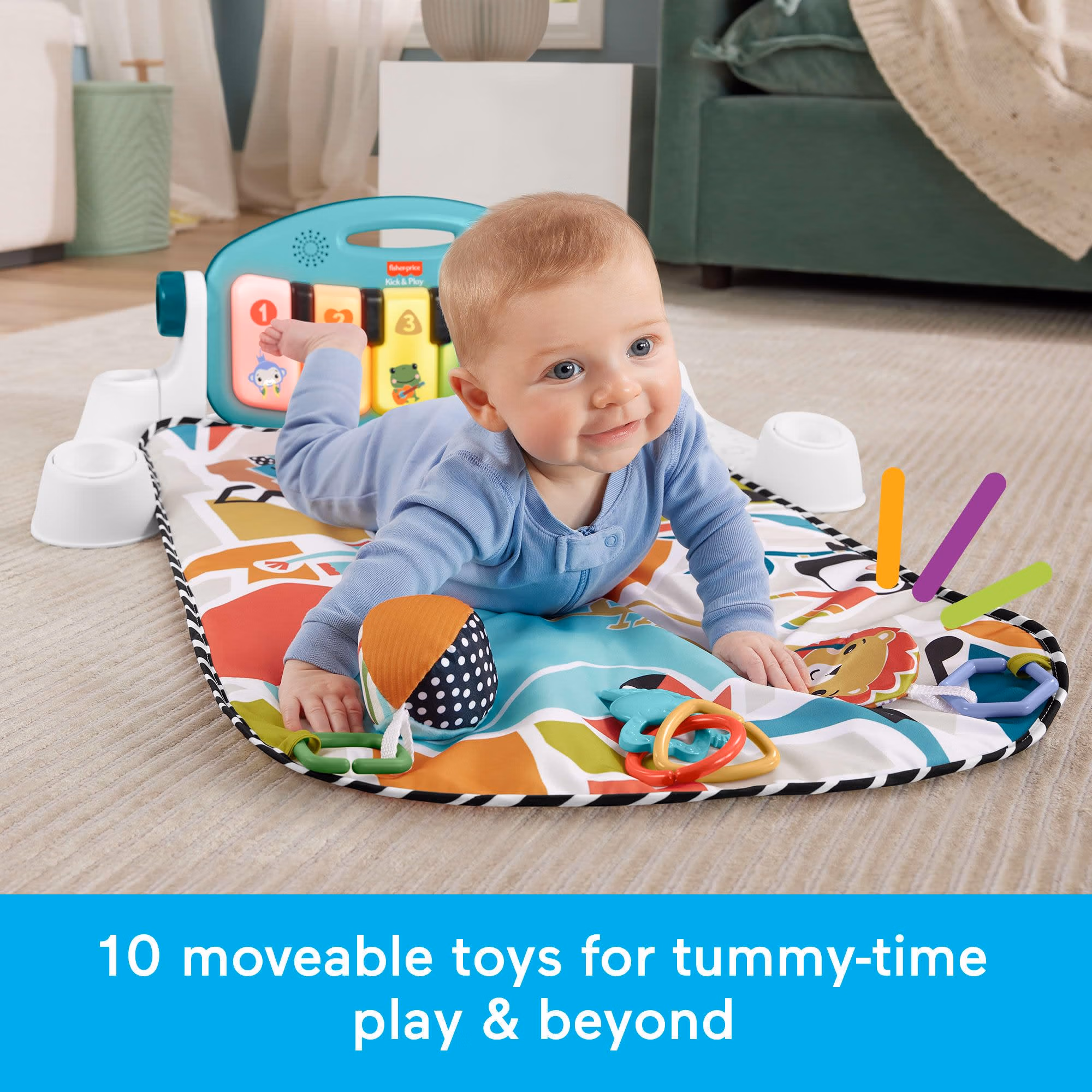 Fisher-Price Baby Playmat Glow and Grow Kick & Play Piano Gym, Blue Musical Learning Toy with Developmental Activities for Newborns 0+ Months thumbnail 4