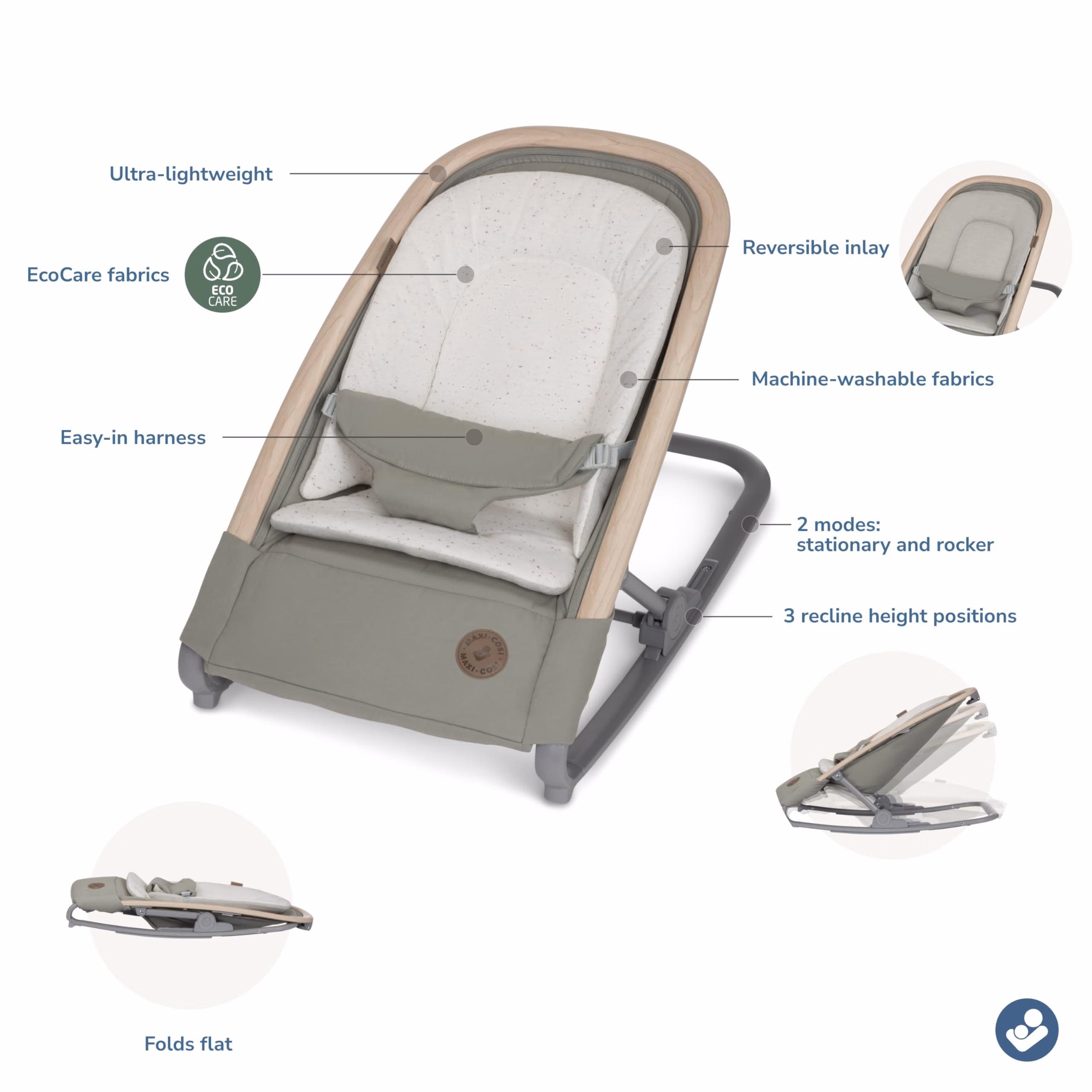 Maxi-Cosi Kori 2-in-1 Baby Bouncer Seat for Infants, Baby Rocker Chair, Portable Baby Bouncer, Classic Green thumbnail 5