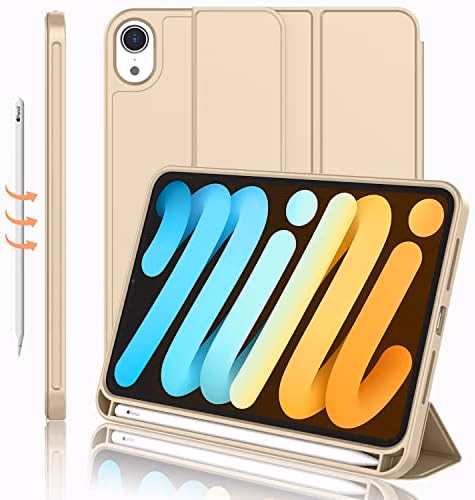 iMieet iPad Mini 7 Case 2024 (A17 Pro), iPad Mini 6 Case (8.3-Inch,2021 Model), iPad Mini 7th/6th Generation Case with Pencil Holder, Trifold Stand Smart Case with Soft TPU Back,Champagne Gold
