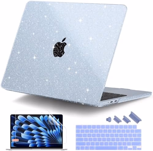 DONGKE Compatible with MacBook Air 13 inch Case M5 M4 M3 M2 2026 2025 2024-2022 A3449 A3240 A3113 A2681, Glitter Bling Plastic Hard Shell & Keyboard Cover for MacBook Air 13.6 inch, Sparkly Sky Blue
