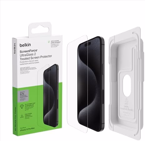 Belkin ScreenForce UltraGlass 2 Treated iPhone 15 Pro Max Screen Protector - Scratch-Resistant, 9H Hardness Tested Glass w/Slim Design - Includes Easy Align Tray for Bubble-Free Application - View 1 of 6