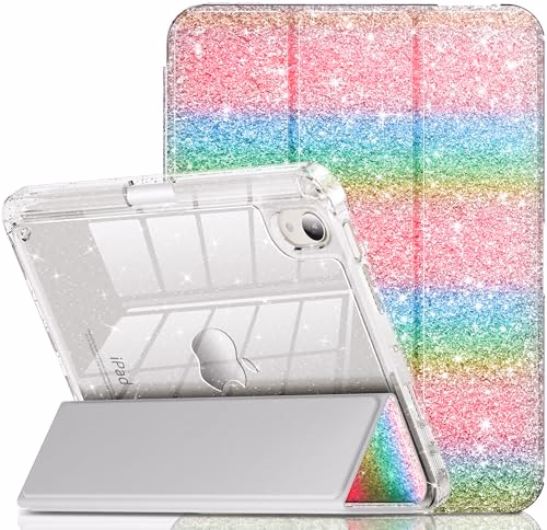 INFILAND for iPad mini 7 Case (A17 Pro), iPad mini 7th / 6th Generation Case 2024/2021 8.3 Inch, Glitter Cute Protective Cover with Clear Sparkle Back, Pencil Holder for Kids Girls (Rainbow)