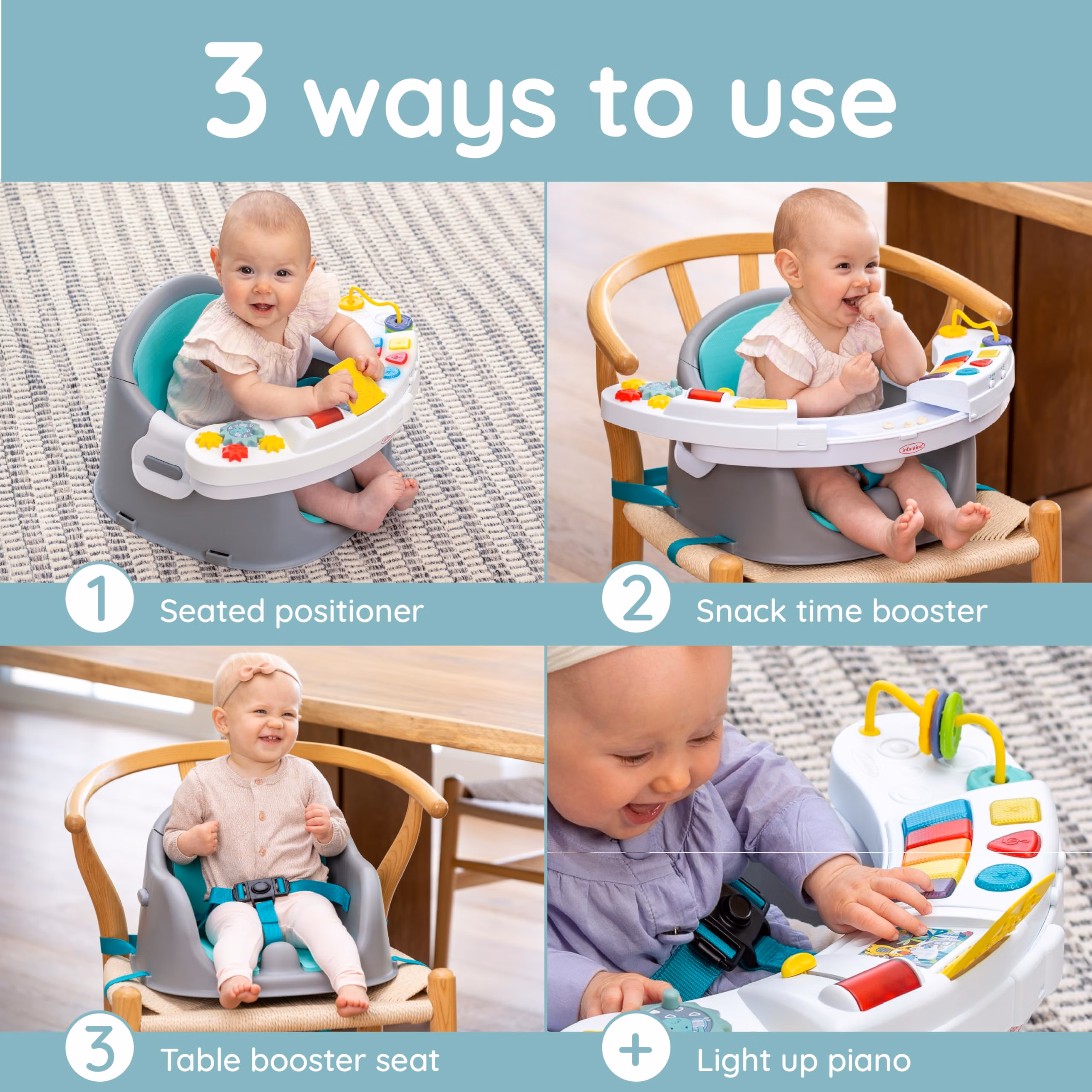Infantino Music & Lights 3-in-1 Discovery Seat & Booster, Interactive Toddler Seat for Dining Table or Kitchen Chair, Baby Activity Center & Snack Tray, 20 Sounds & Songs, Lightweight Baby Essentials thumbnail 4