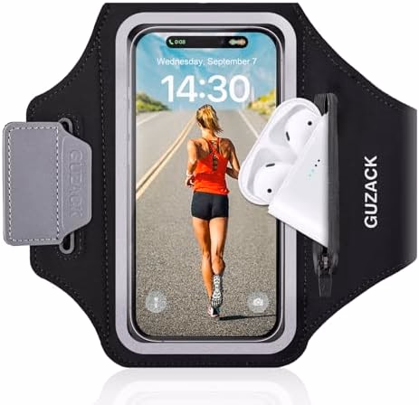 GUZACK Running Phone Holder with Zipper Pouch, Running Armband for iPhone 17/16/15/14/13/12/11 Pro Max/Plus, Galaxy S25/S24/S23/S22, Cell Phone Arm Holder with Card Slot - Size S