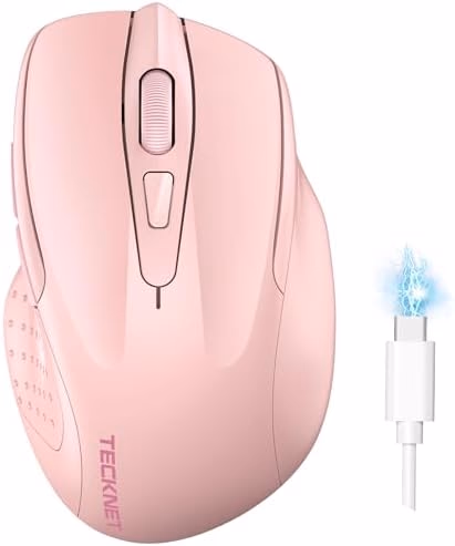 TECKNET Wireless Mouse (BT5.0/3.0 & 2.4G) Rechargeable 4800 DPI Silent USB A & Bluetooth Mouse 6 Buttons, Wide Compatibility - Pink
