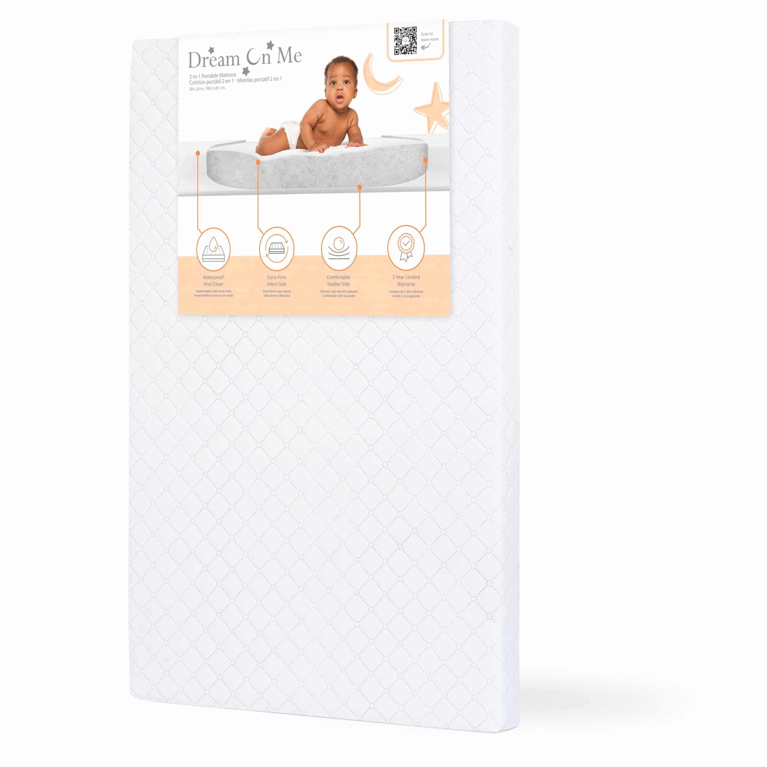 Dream On Me Holly 2-in-1 Mini & Portable Crib Mattress (38”x 24”x 3”), Dual Sided, Vinyl Waterproof Cover, 3” Fiber Core, GREENGUARD Gold Certified, Fits Standard Portable and Mini-Cribs thumbnail 1