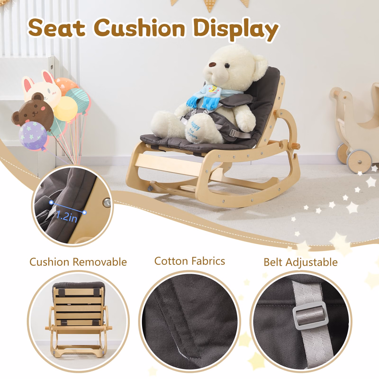 3-in-1 Baby Bouncer Adjustable Wooden Rocker Chair, Ergonomic Design Baby Lounger with Removable Cushion,Seat Belt and Booster, Recliner for Infants to Toddler (Grey) thumbnail 4