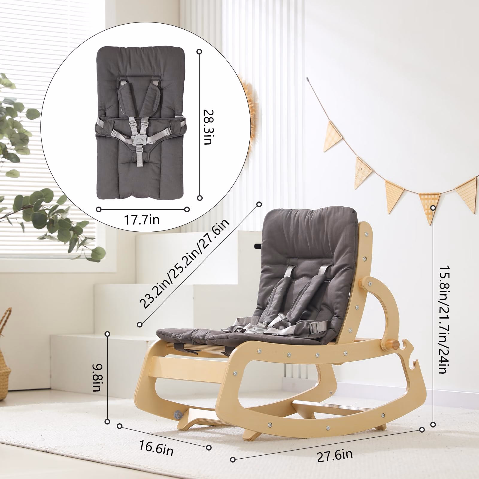 3-in-1 Baby Bouncer Adjustable Wooden Rocker Chair, Ergonomic Design Baby Lounger with Removable Cushion,Seat Belt and Booster, Recliner for Infants to Toddler (Grey) thumbnail 3