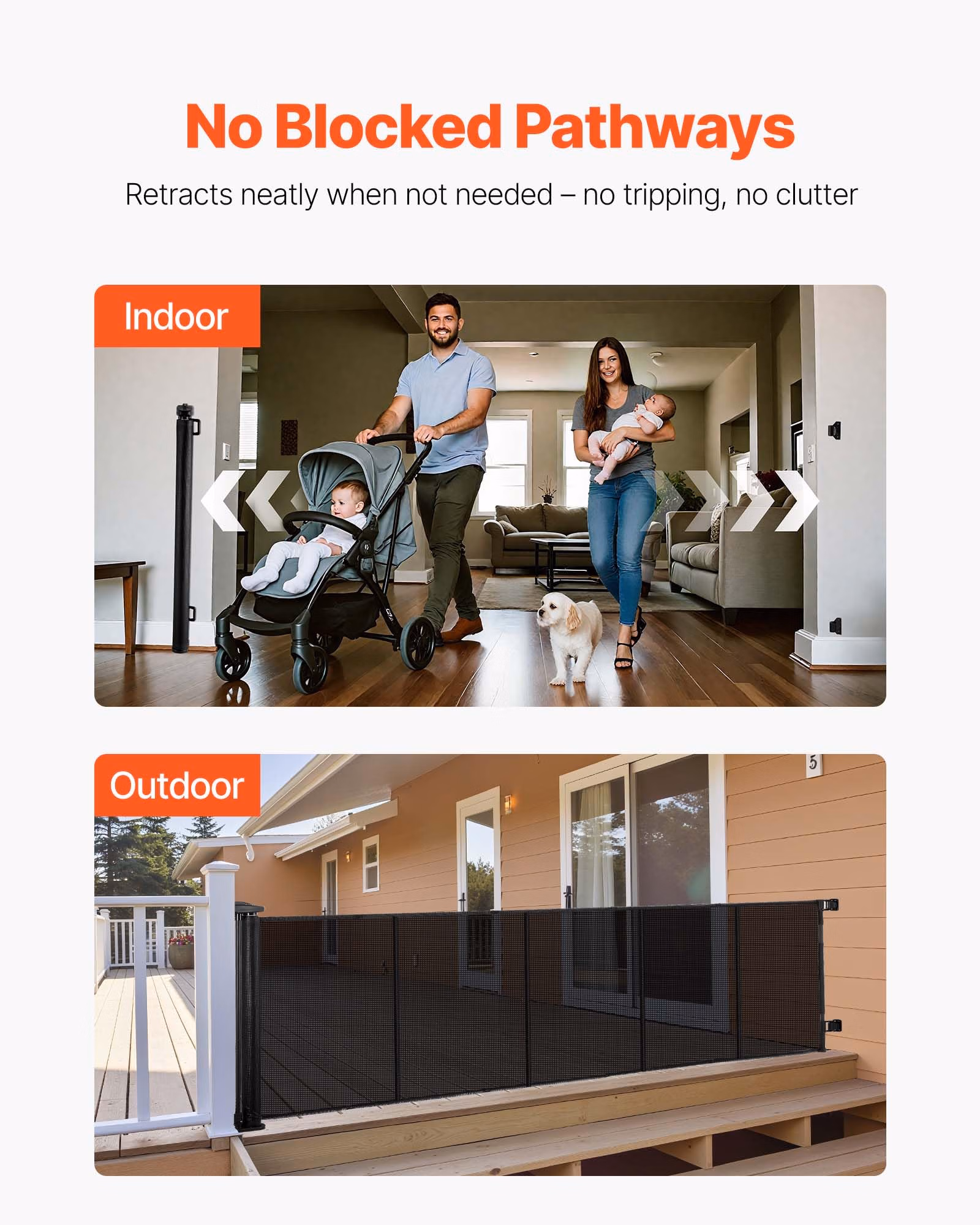 VEVOR Retractable Baby Gate, Extends to 122 inch Extra Wide, 31.3 inch Tall, with Reinforced Fiberglass Strips, Avoids Crawling Through, Mesh Dog Gate for Decks, Doorways, Garages, Indoor, Black thumbnail 3