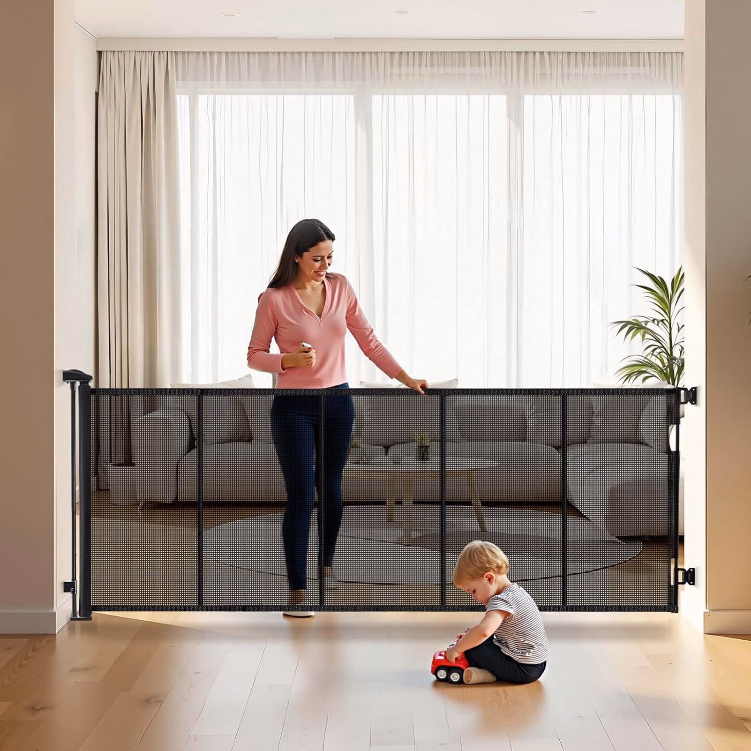 VEVOR Retractable Baby Gate, Extends to 122 inch Extra Wide, 31.3 inch Tall, with Reinforced Fiberglass Strips, Avoids Crawling Through, Mesh Dog Gate for Decks, Doorways, Garages, Indoor, Black thumbnail 1