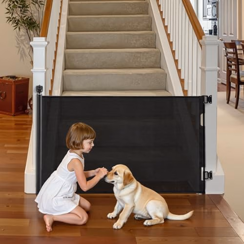 VEVOR Retractable Baby Gate, Extends to 122 inch Extra Wide, 31.3 inch Tall, with Reinforced Fiberglass Strips, Avoids Crawling Through, Mesh Dog Gate for Decks, Doorways, Garages, Indoor, Black thumbnail 4