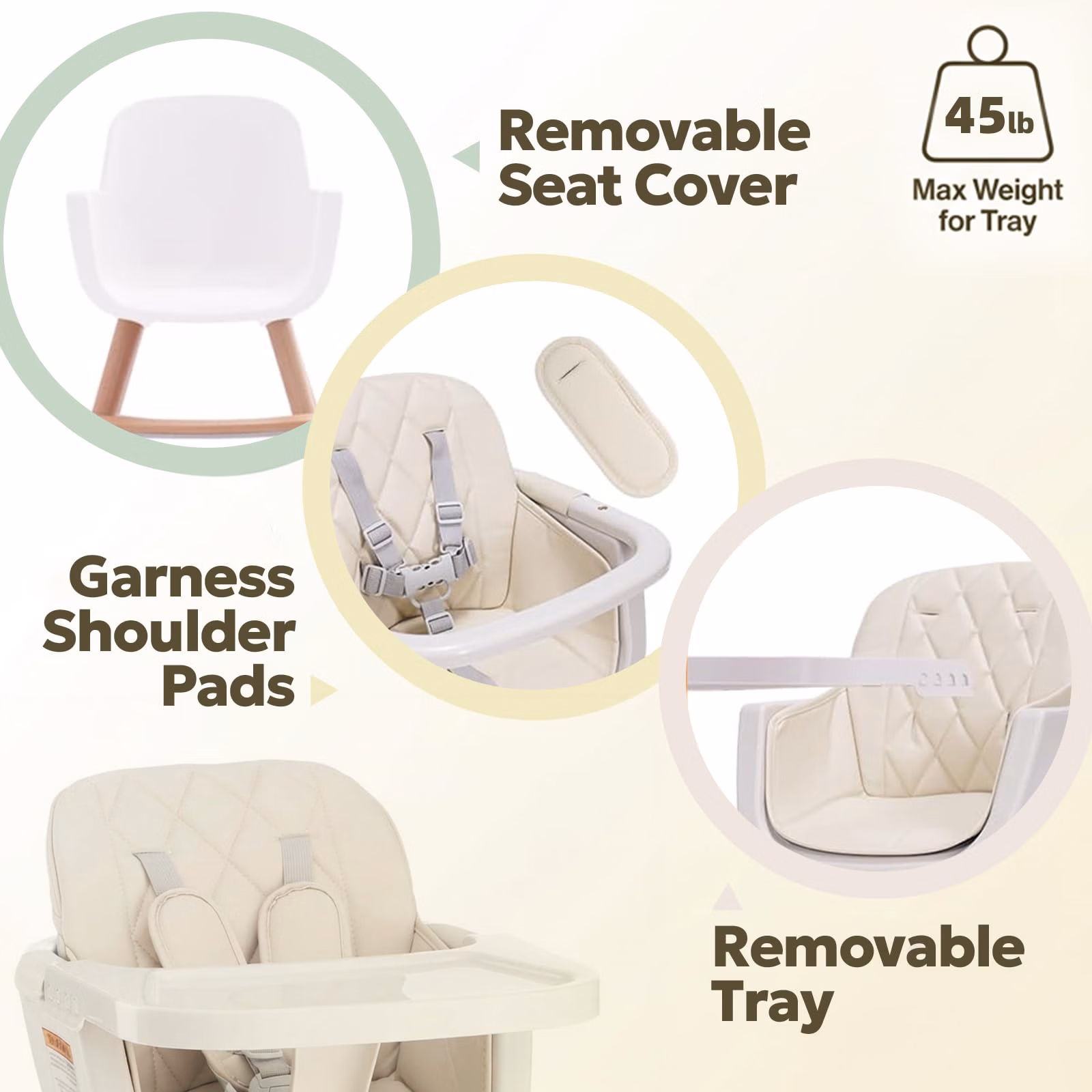 Mallify 3-in-1 Wooden High Chair, Convertible High Chairs for Babies and Toddlers, Baby Highchair with Adjustable Legs & Dishwasher-Safe Tray, Sleek Hardwood & Premium PU Cushion, Beige thumbnail 4