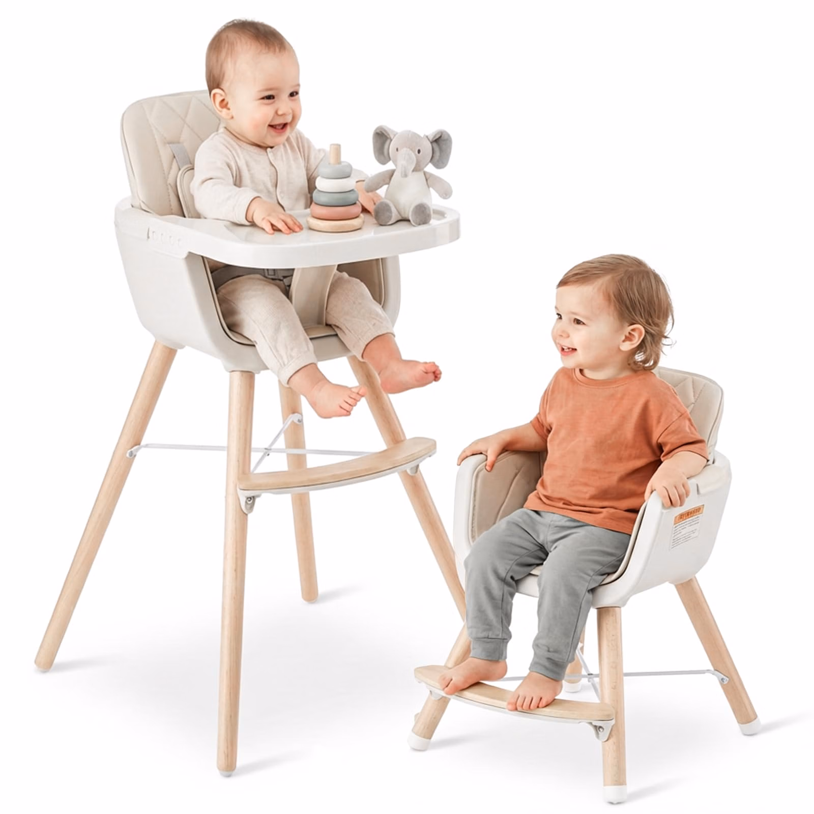 Mallify 3-in-1 Wooden High Chair, Convertible High Chairs for Babies and Toddlers, Baby Highchair with Adjustable Legs & Dishwasher-Safe Tray, Sleek Hardwood & Premium PU Cushion, Beige thumbnail 1