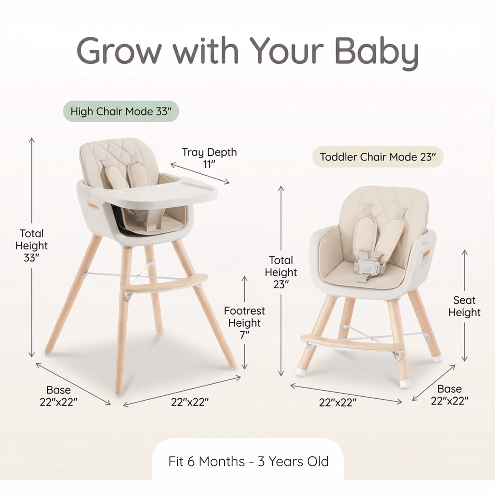 Mallify 3-in-1 Wooden High Chair, Convertible High Chairs for Babies and Toddlers, Baby Highchair with Adjustable Legs & Dishwasher-Safe Tray, Sleek Hardwood & Premium PU Cushion, Beige thumbnail 3