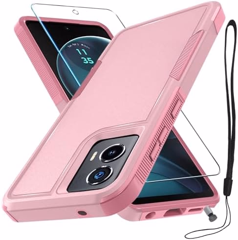 RMOCR Case Compatible with Moto G Stylus 5G 2024, Full Body Heavy Duty Rugged Shockproof Protective Phone Cover with Lanyard Strap, Tempered Glass Screen Protector, Cute Pink