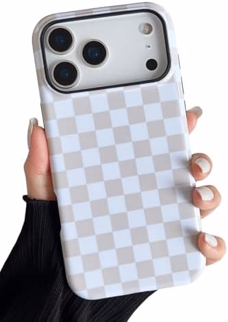 Compatible with iPhone 17 Pro Max Case Cute Aesthetic Checkerboard Checkered Phone Case for Women Girl Shockproof Slim TPU and Hard PC Protective Cover (Antique White)