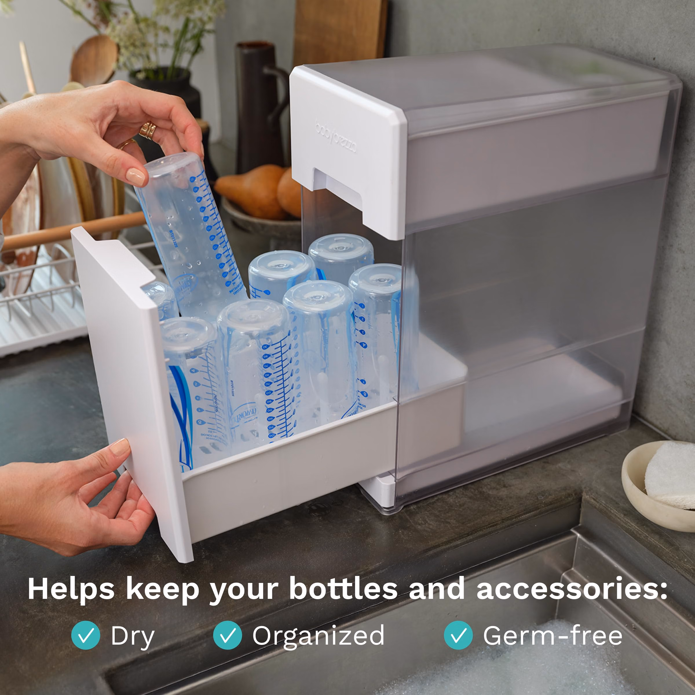 Baby Brezza Covered Drying Rack & Countertop Organizer - Vertical Bottle Storage with Lid - Fits Large 8 Bottle Capacity Plus Accessories to Keep Items Tidy thumbnail 4