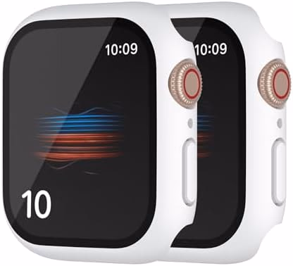 HANKN (2 Pack Hard PC Case 45mm for Apple Watch Series 7 8 9 45mm Tempered Glass Screen Protector Case, Full Coverage Shockproof Ultra-thin Shell Iwatch Bumper Cover (White+White, 45 mm)