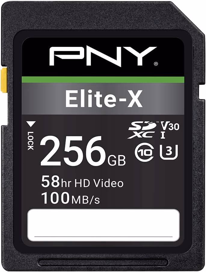 PNY 256GB Elite-X Class 10 U3 V30 SDXC Flash Memory Card - 100MB/s, Class 10, U3, V30, 4K UHD, Full HD, UHS-I, Full Size SD (Pack of 1)