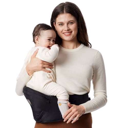 Momcozy Hip Seat Baby Carrier - Adjustable Waistband with Original 3D Belly Protector, Ergonomic Carrier with Various Pockets for Newborns & Toddlers up to 45lbs (Black, Medium)