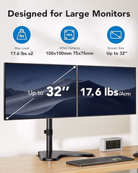 HUANUO 32 inches Dual Monitor Stand up to 17.6lbs per Arm, High-Grade Aluminum Free Standing Dual Monitors Mount for 2 Screens. Fully Adjustable Dual Monitor Stand for Desk with Tilt, Swivel, Rotation thumbnail 3