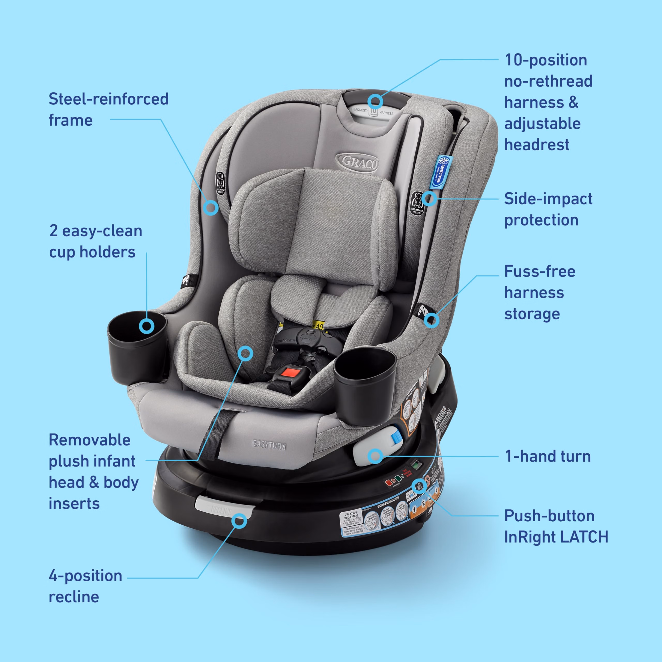 Graco EasyTurn 360 2-in-1 Rotating Convertible Car Seat, 360 Degree Rotating Infant to Toddler Rotating Car Seat, 2 Modes Rear and Forward Facing, Slim Design, Solae thumbnail 4