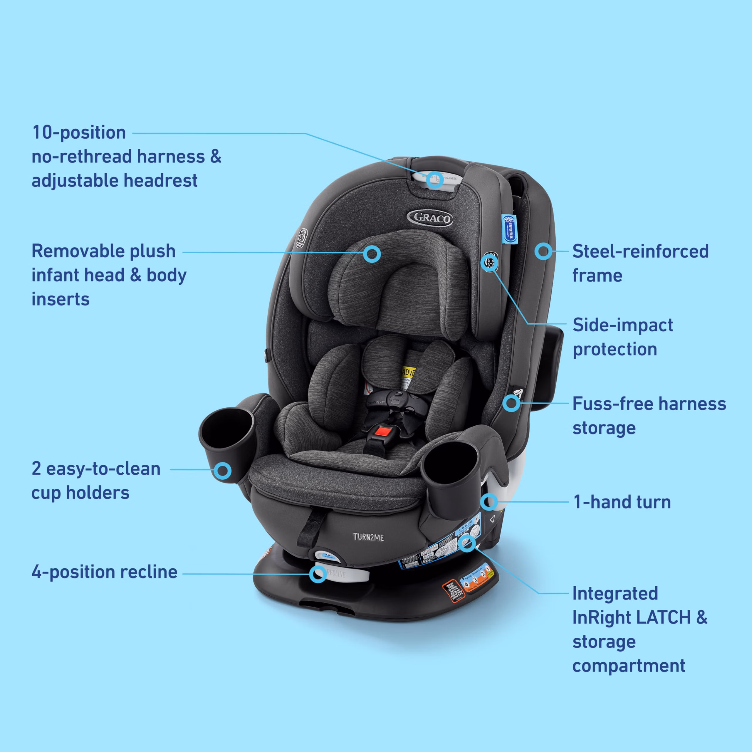 Graco Turn2Me 3-in-1 Rotating Convertible Car Seat, Manchester, Rear-Facing Rotation Only, Forward-Facing Mode, Highback Booster Up to 100 lbs, Adjustable Headrest & Harness, Steel Reinforced Frame thumbnail 4