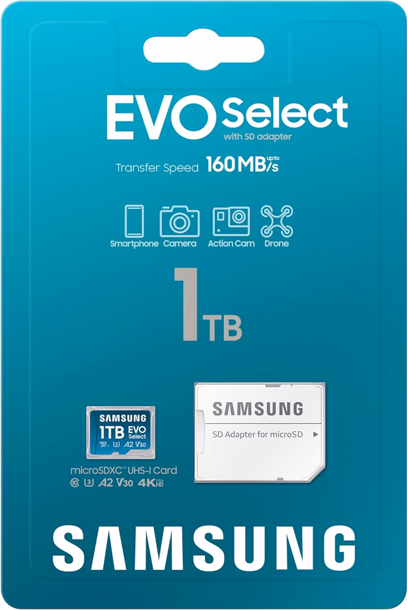 Samsung EVO Select microSD Memory Card + Adapter, 1TB microSDXC, Up-to 160 MB/s, 4K UHD, UHS-I, C10, U3, V30, A2, for Mobile Phone, Smartphones, Nintendo-Switch, and Tablets (MB-ME1T0SA/AM)
