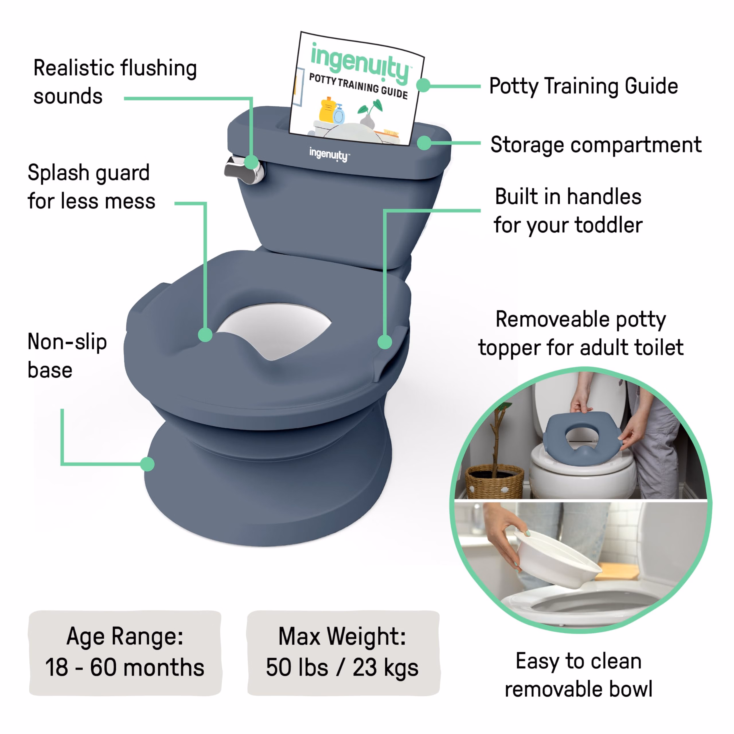 Ingenuity My Size Potty Pro in Blue, Infant Potty Training Toilet, Lifelike Flushing Sound, for Ages 18 Months, Up to 50 Pounds thumbnail 3