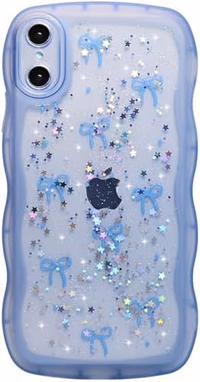 Qokey for iPhone X/Xs Case, Glitter Star & Curved Edge Handle Grip Design, Military-Grade Shockproof Clear TPU Cover, Sparkle Protection Scratch-Resistant, Holographic Blue Bow thumbnail 1