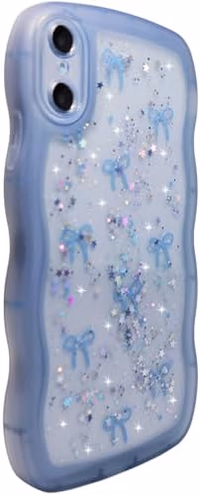 Qokey for iPhone X/Xs Case, Glitter Star & Curved Edge Handle Grip Design, Military-Grade Shockproof Clear TPU Cover, Sparkle Protection Scratch-Resistant, Holographic Blue Bow thumbnail 3