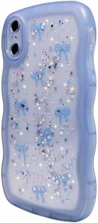 Qokey for iPhone X/Xs Case, Glitter Star & Curved Edge Handle Grip Design, Military-Grade Shockproof Clear TPU Cover, Sparkle Protection Scratch-Resistant, Holographic Blue Bow thumbnail 4