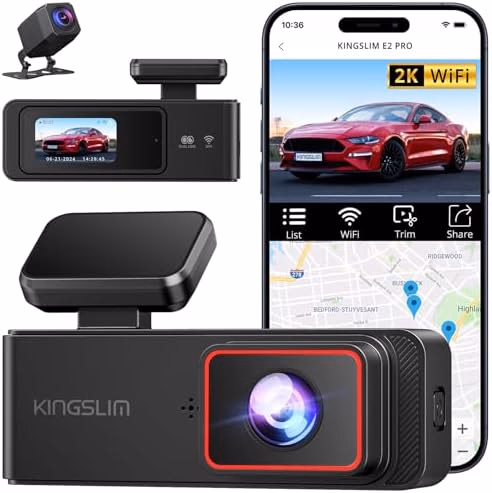 Kingslim Dash Cam Front and Rear 2K+1080P, Mini WiFi Dash Camera for Cars Dual Dashcam Parking Monitor, Loop Recording, Car Camera Support Max 256GB (E2PRO)
