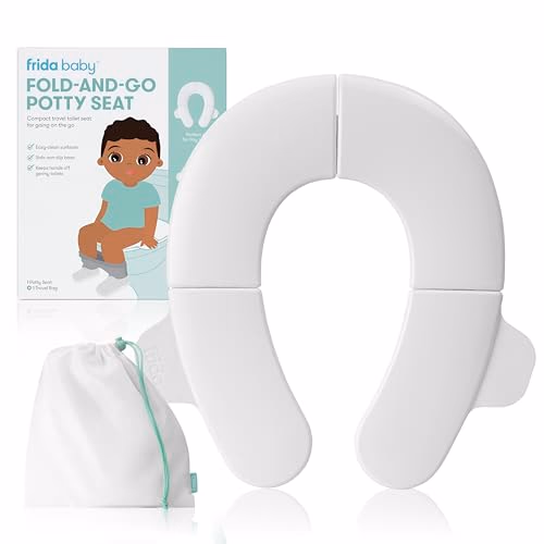 Frida Baby Fold-and-Go Portable Potty Seat for Toilet, Foldable Travel Potty Seat for Toddler, Fits Round & Oval Toilets, Non-Slip Base, Handles, Includes Free Travel Bag