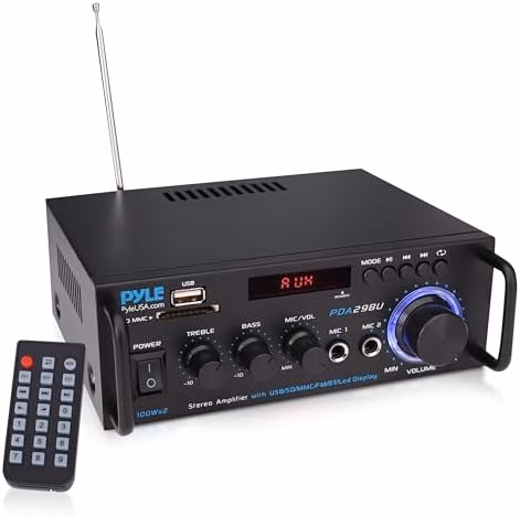 Pyle 200W Stereo Power Amplifier with Bluetooth - Dual Channel Audio Receiver - LED Display - RCA - USB - SD - MIC IN - FM Radio - AUX Input - Perfect for Home & Computer Audio - PDA29BU.5
